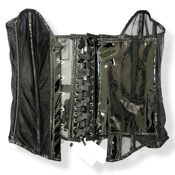 Daisy Corsets Black Corset Mesh Patent Steel Boned Laced Back Busk Front 2XL NWT - Picture 6 of 10